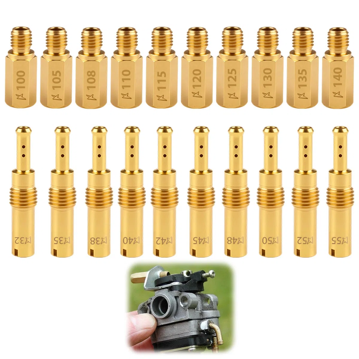 Kit de 20 Chiclés de Carburador Compatible con PWK PE CVK Keihin OKO KOSO Stage6 Polini – Inyectores Principales y Pilotos Lentos de Latón para Moto Scooter ATV GY6 125cc 150cc con Kit de Limpieza