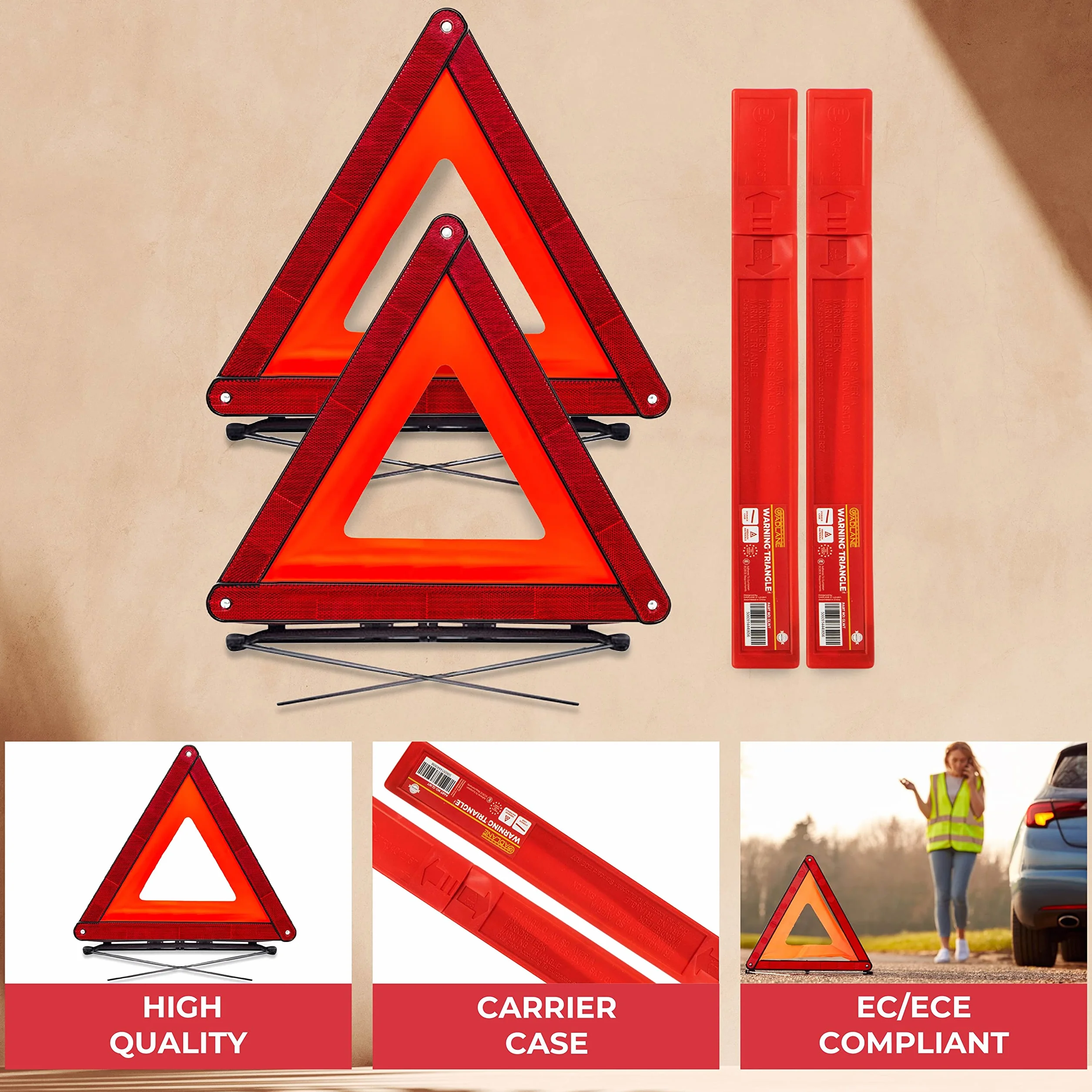 GADLANE Triangulos Coche Homologados ECE Reflexiva Plegable Advertencia De Carretera Paquete De 2