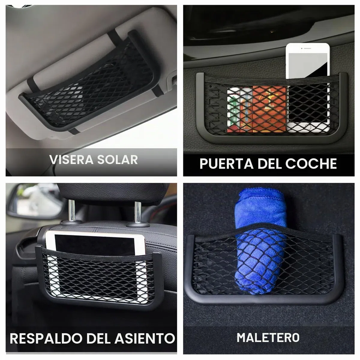 Rejilla de Coche 3 en 1, Red de Almacenamiento, Fijación con Correa Elástica, Compartimento para Pegar o Atornillar