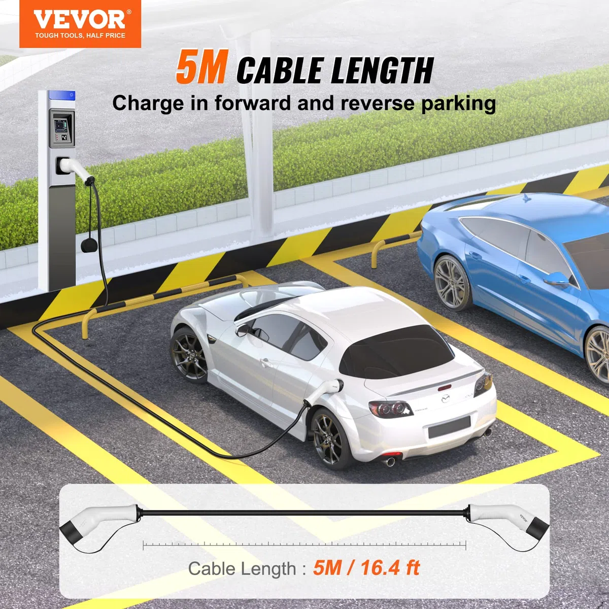 VEVOR Cable de Vehículo Eléctrico Tipo 2 a Tipo 2 Cable de Carga EV 16A 11kW Cable de 5m IP66 Impermeable con Bolsa de Transporte para IEC62196 Híbrido de Carga de Coches Eléctricos CE TUV Tres Fases