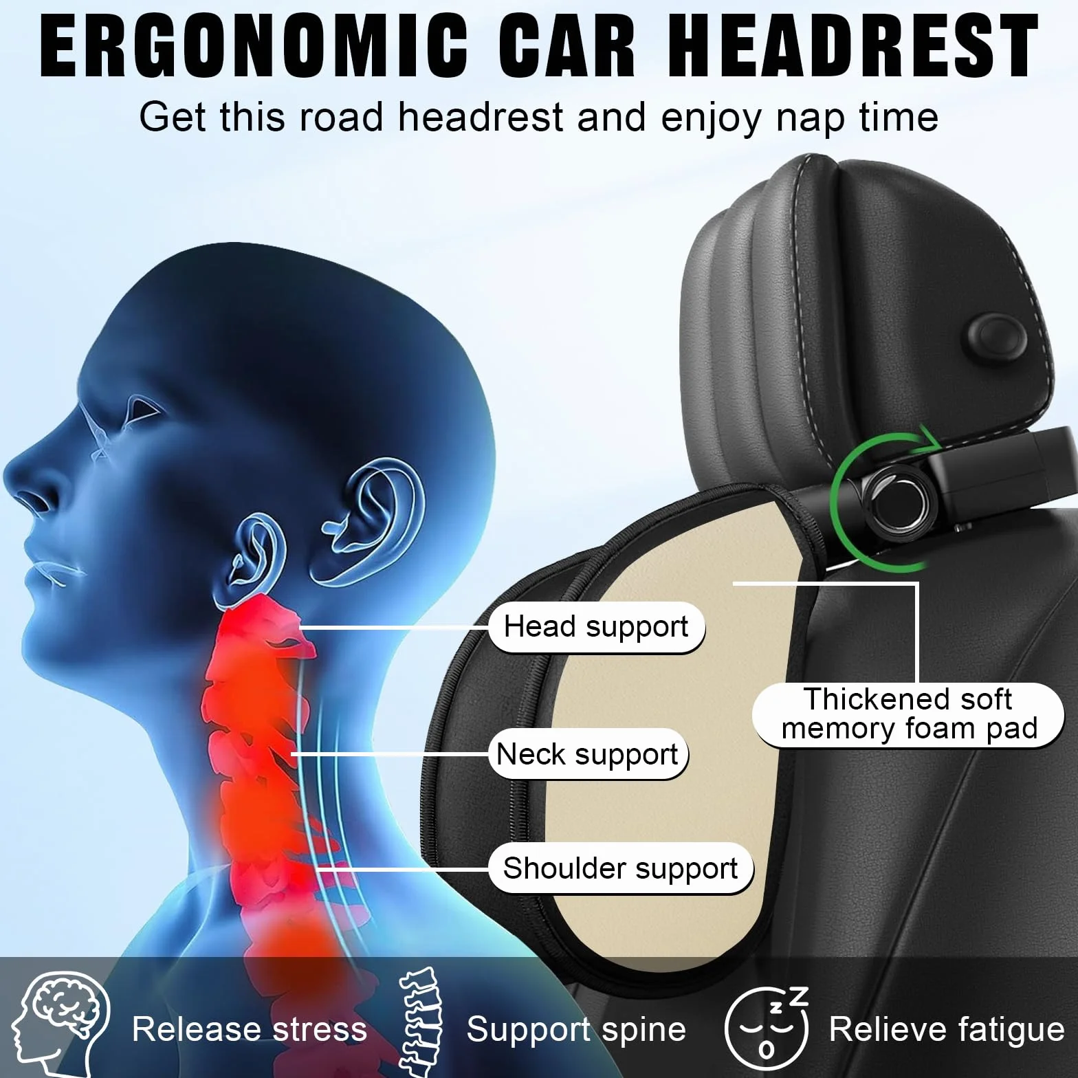 Reposacabezas de Coche,Soporte Para El Cuello Retráctil y Extraíble Almohada Lateral del Reposacabezas para Automóviles, Apto Para Niños Adultos Reposacabezas para Coche (Negro)