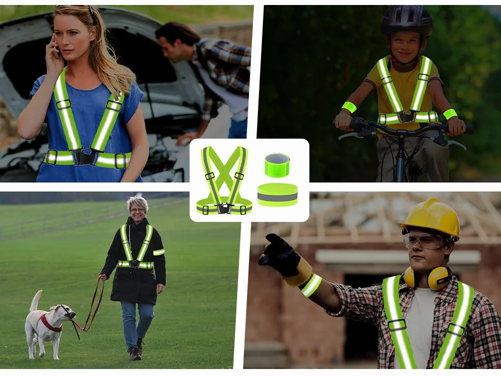 4PCS Seguridad Chaleco Reflectante Moto+4PCS Bandas Reflectoras+4PCS Brazalete Reflectante, Ajustable Visibilidad Alta Chaleco Reflectantes con Bolsa, para Correr,Senderismo,Ciclismo,Carreras