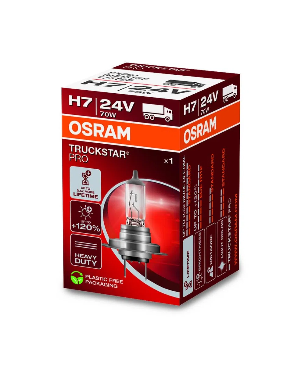 OSRAM TRUCKSTAR PRO H7, +120% más de brillo, lámpara halógena para faros delanteros, 64215TSP, lámpara para camión de 24 V, caja plegable (1 lámpara)