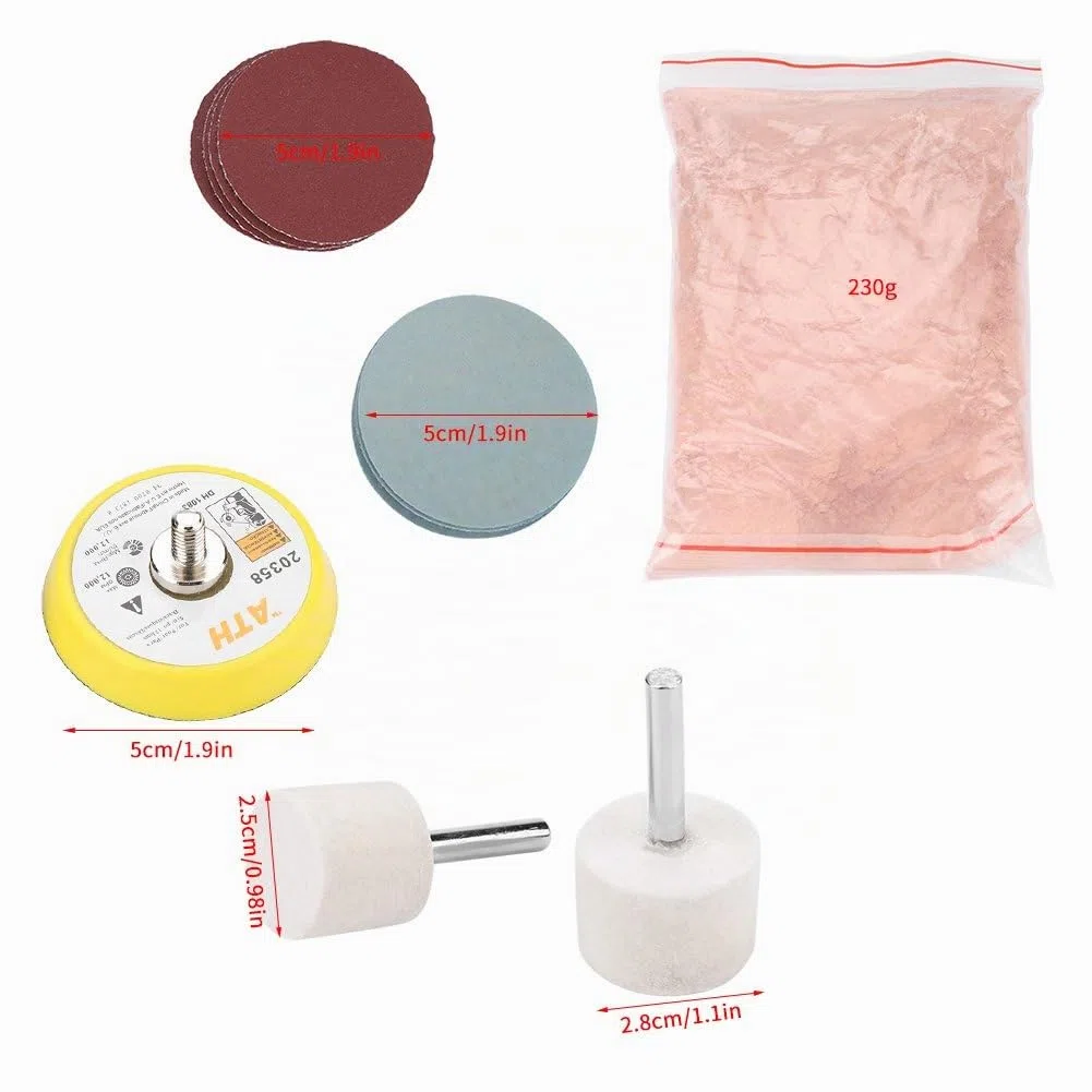Kit de pulido de vidrio, kit de eliminación de arañazos de vidrio, polvo de pulido de óxido de cerio, almohadilla de disco de pulido con adaptador de taladro Disco abrasivo de vidrio para parabrisas
