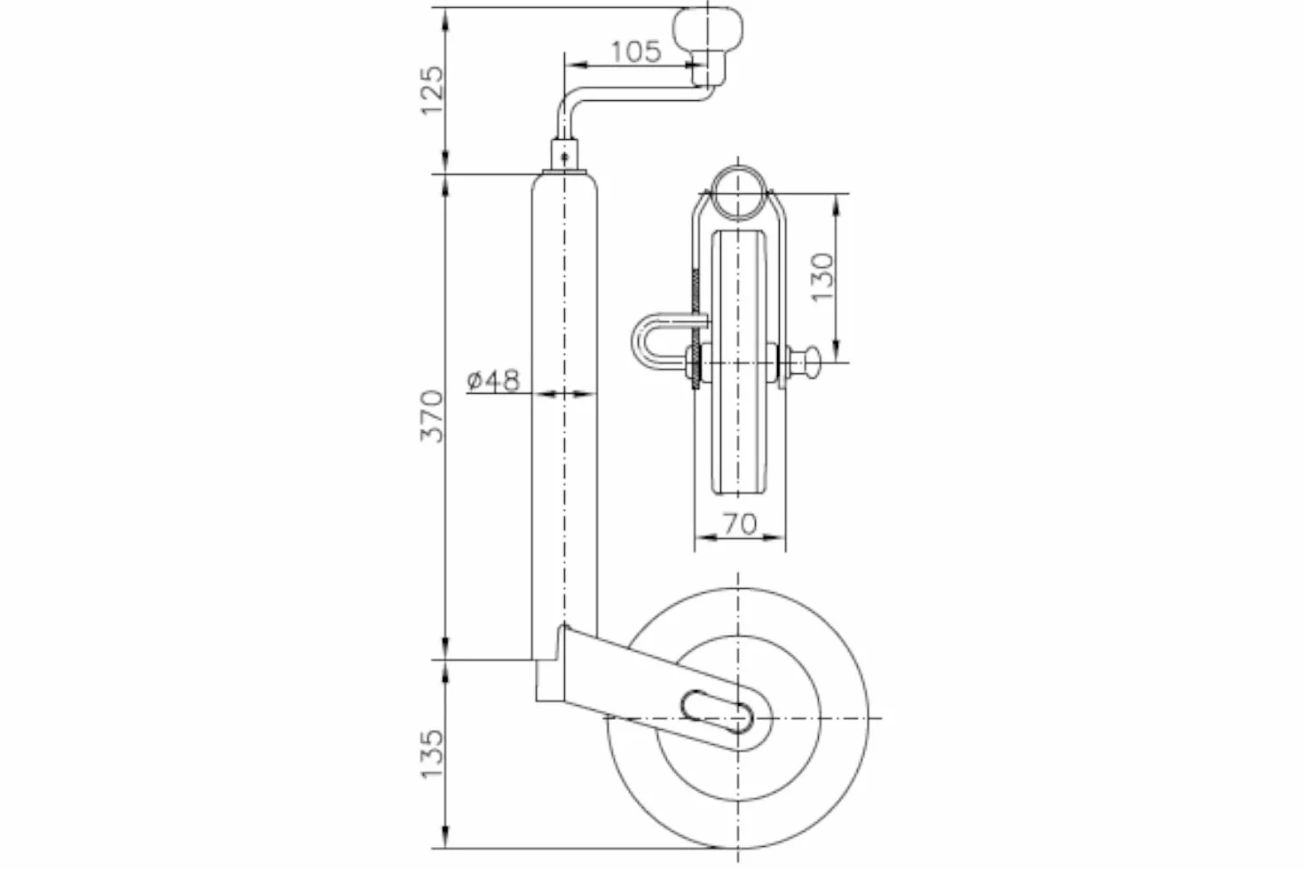 UNITRAILER Rueda Jockey para Remolque 150 kg 48 mm 505-730 mm, Rueda de Apoyo con Rueda Maciza 200x50, manivela con cojinete de Empuje, para Caravana, Remolque y Plataforma