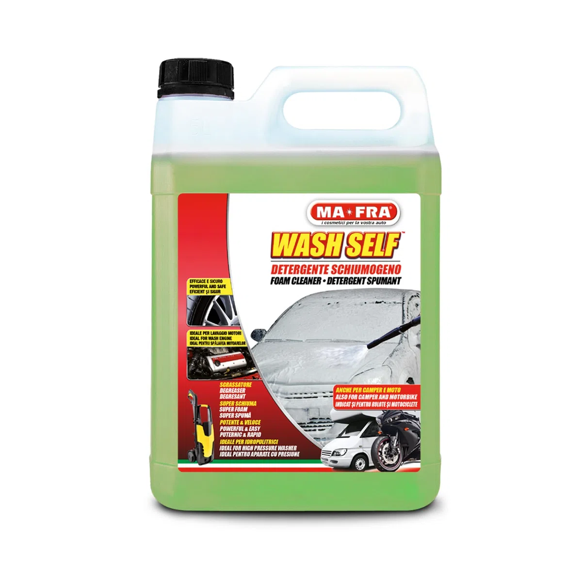 Ma-Fra, Wash Self - Limpiador desbloqueador Concentrado para hidrolimpiadora, para Prelavado de Coche, 5000 ml