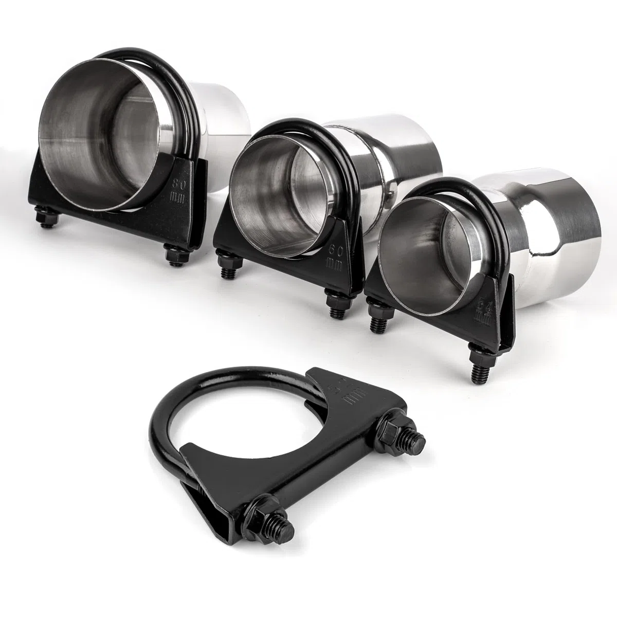 2PCS Abrazadera para Tubo de Escape - Abrazadera de Silenciador Tipo U Universal de Acero Inoxidable Reforzado en Negro para Conexión de Tubo de Escape de Coche (60MM)