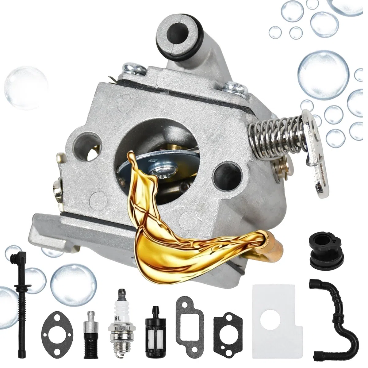 Carburador para Desbrozadora, Compatible con STIHL MS170 180 017 018, Kit Recambios Carburetor con 3 Juntas, Esponja, Filtro de Aire, Filtro de Combustible, Bujía, 2 Mangueras, Tubo de Admisión