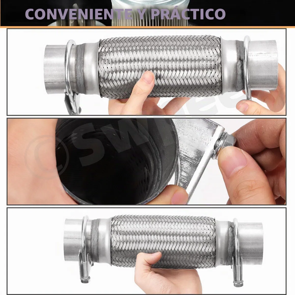 Swpeet 3 piezas tubo flexible de escape de 2,5 x 6 pulgadas con kit de abrazadera en U de escape de 2,5 pulgadas, tipo universal de acero inoxidable de doble trenza, tubo flexible de escape ideal para