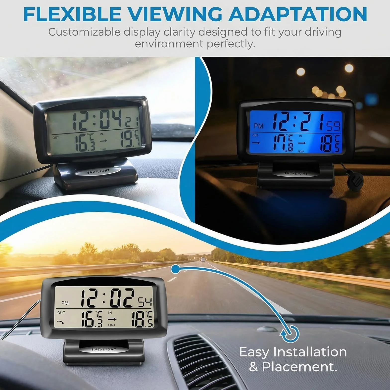 Termometro Coche Ruspela Termómetro de coche Reloj despertador digital para vehículos con luz de fondo termometro interior