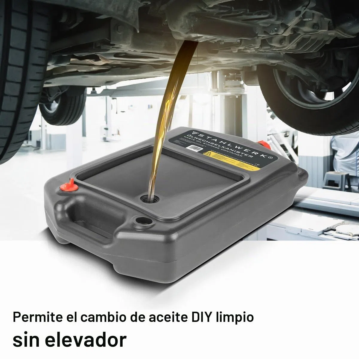 STAHLWERK Bidón de cambio de aceite 10 L - Robusta cubeta de recogida de aceite, móvil y flexible, cubeta de aceite con ayuda de recogida, función 2 en 1, bidón de aceite y combustible para coche