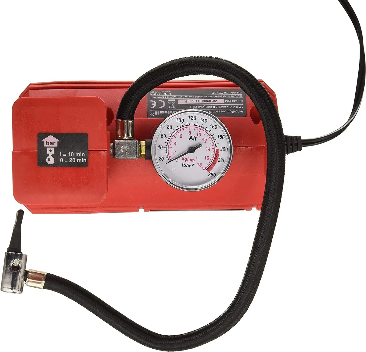 Einhell Compresor de aire para coche CC-AC 12V (manómetro de 18 bar máx., manguera de aire, 3 adaptadores de accesorios, cable de alimentación de 2,90 m con enchufe de encendedor de 12V)