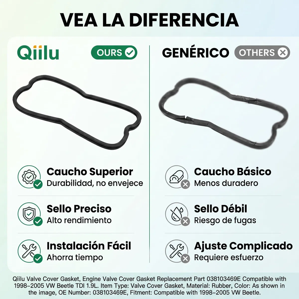 Qiilu Junta de tapa de válvula, junta de tapa de válvula de motor 038103469E Reemplazo de accesorio de coche apto para 1998-2005 TDI 1.9L