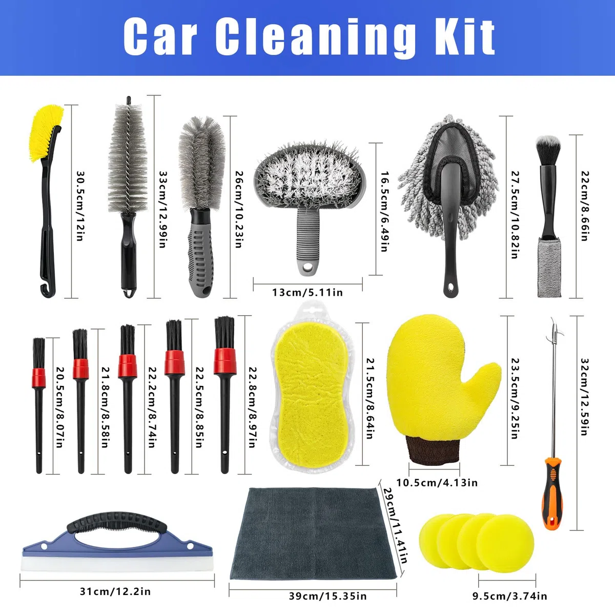Kit Limpieza Coche, 21 Piezas Cepillo Limpieza Coche Kit de Limpieza Coche para Interior y Exterior Productos de Limpieza para Coche Kit Limpieza para Coche