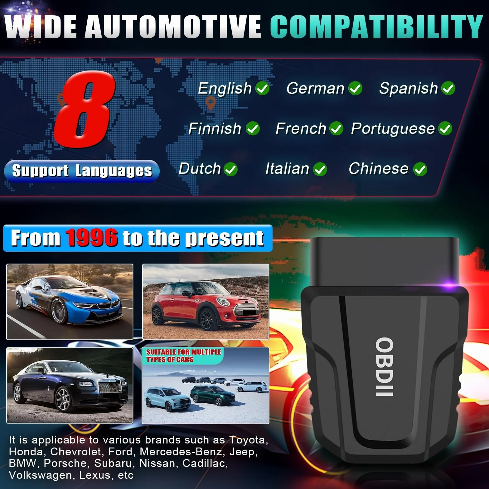 Lector de código de automóvil con escáner inalámbrico avanzado OBD2, con detección automática de Motor Bluetooth 5.4, Mini Herramienta de diagnóstico automático para iOS, Android y Windows