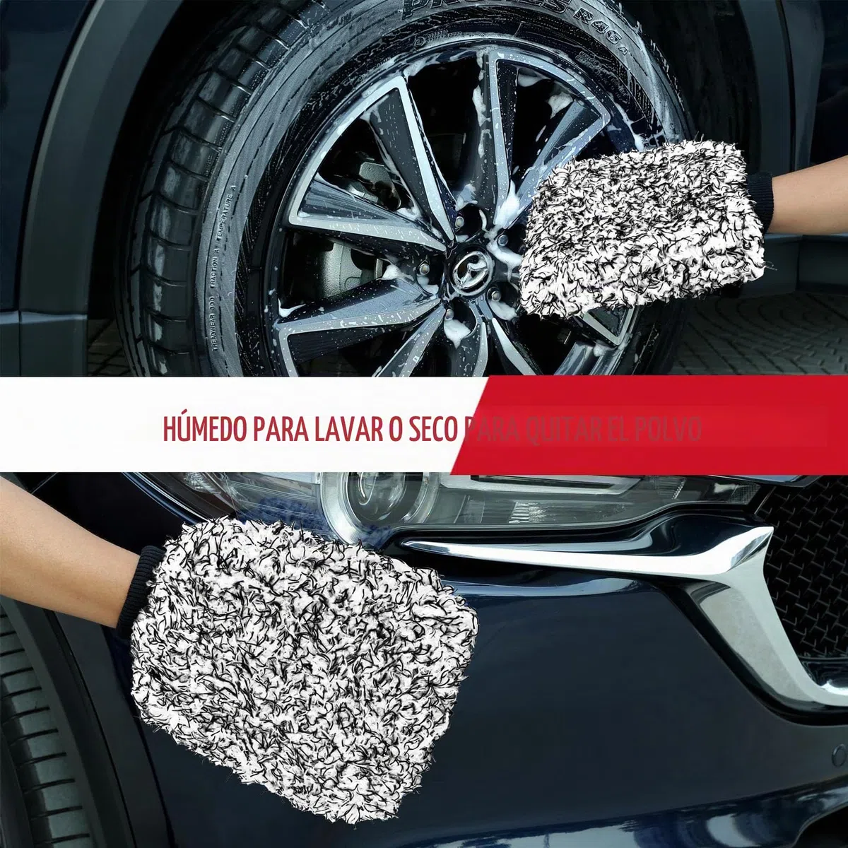 Cepillo Llantas Coche y Guante Lavado Coche con 4 Pincel para Detalles, Cepillo de Microfibra para Llantas de Coche Cepillo Limpia Llantas para Limpiar Interior y Exterior (Negro)