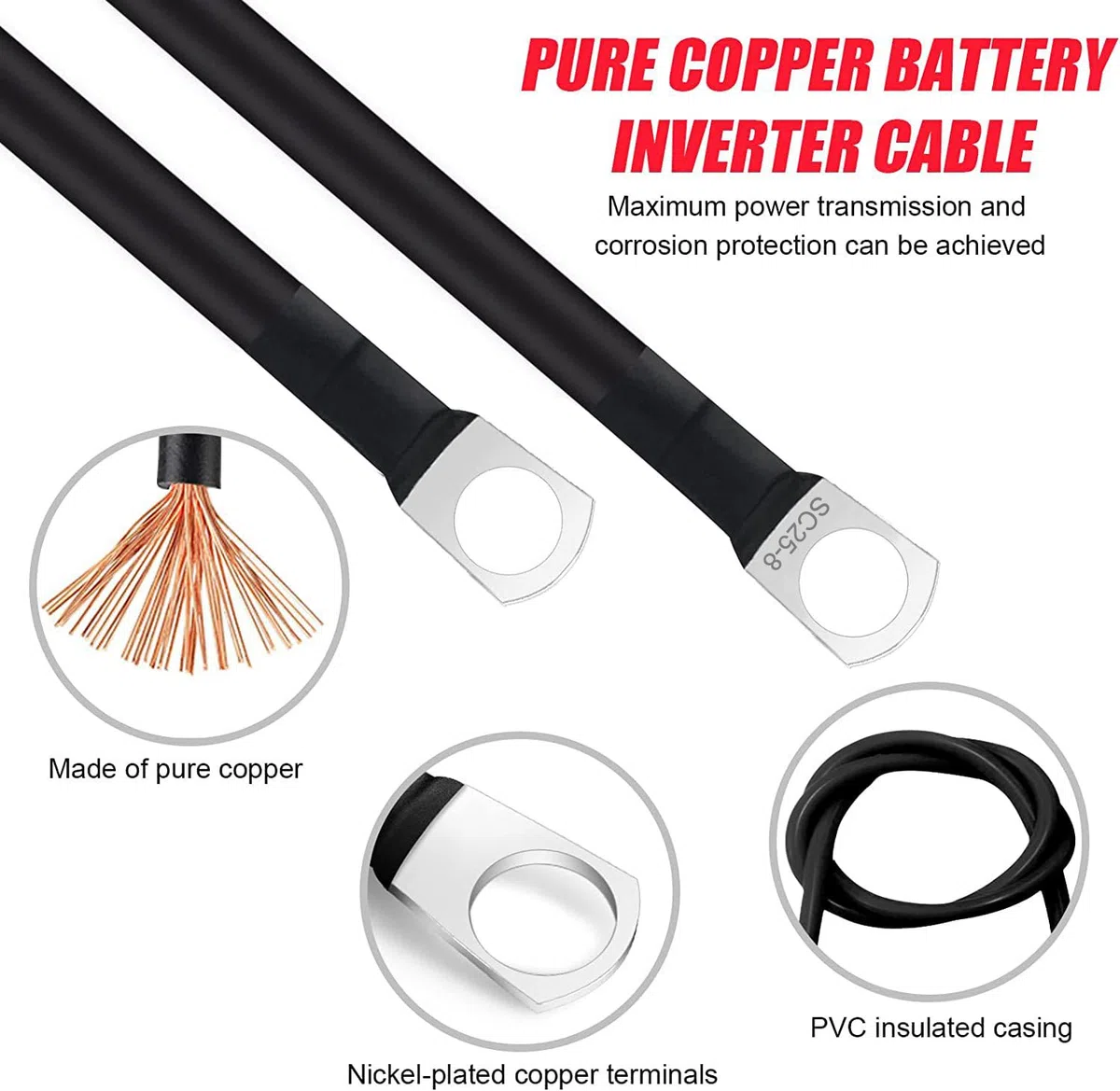 Cable Inversor de Batería 25mm² 3AWG SC25-8 Cable Bateria Coche 12V 24V Cable de Batería con Conector para Automóviles, Camiones, Energía Solar, Barcos, Motocicletas 30cm