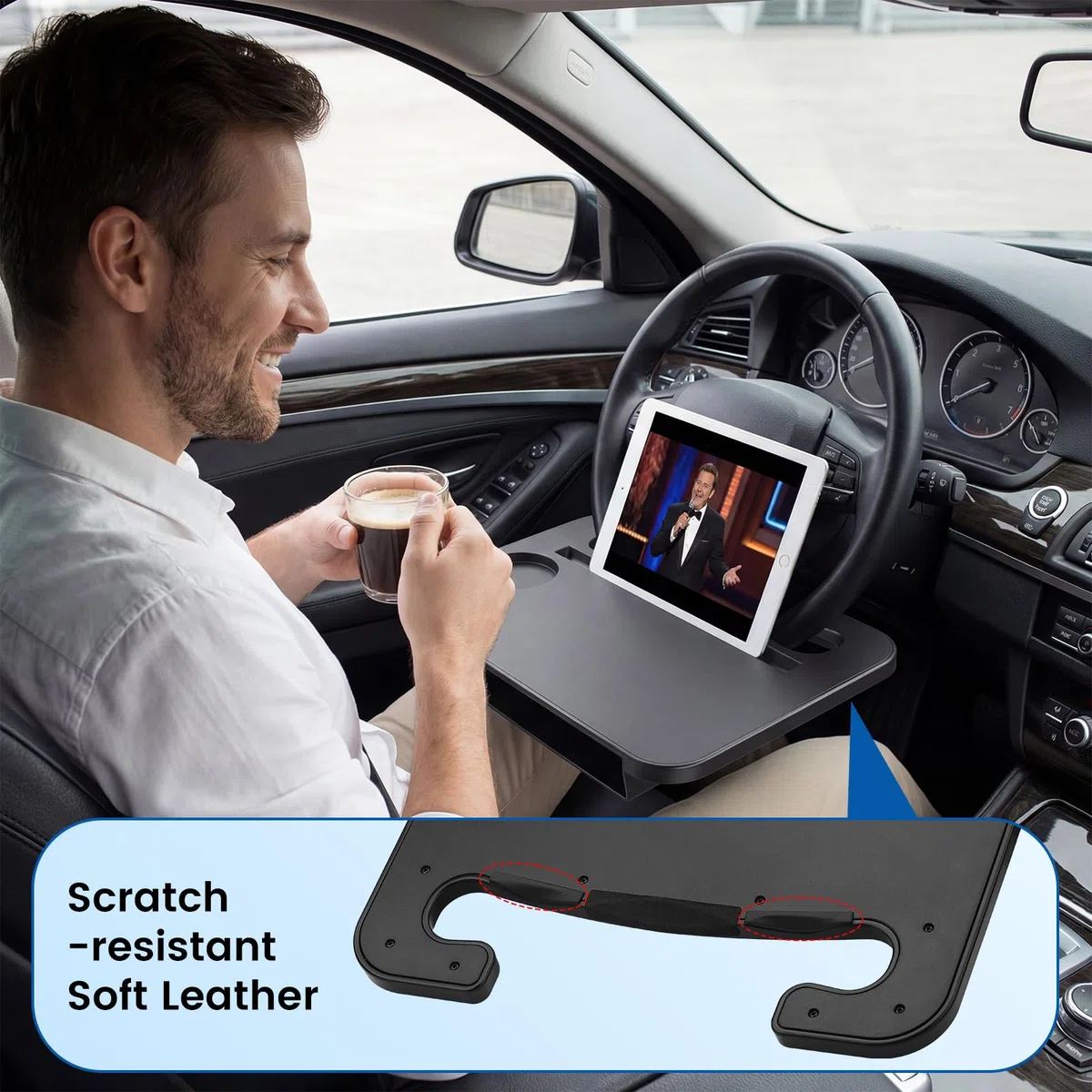 Soporte Volante, Mesa de Volante de Coche, Soporte Multifuncional Portátil para Portátil y Mesa de Comedor para Coche, 37 x 27,7 cm, Apto para la Mayoría de los Coches, Volantes con Portavasos