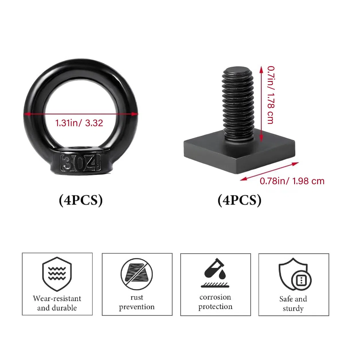CHICIRIS Anclaje de Riel M8 en T, 4 Piezas, Amarre con Ranura en T de Acero Inoxidable, Ajuste de Riel de Fácil Montaje para Correas de Trinquete y Cuerdas Elásticas, para Camioneta, (Black)
