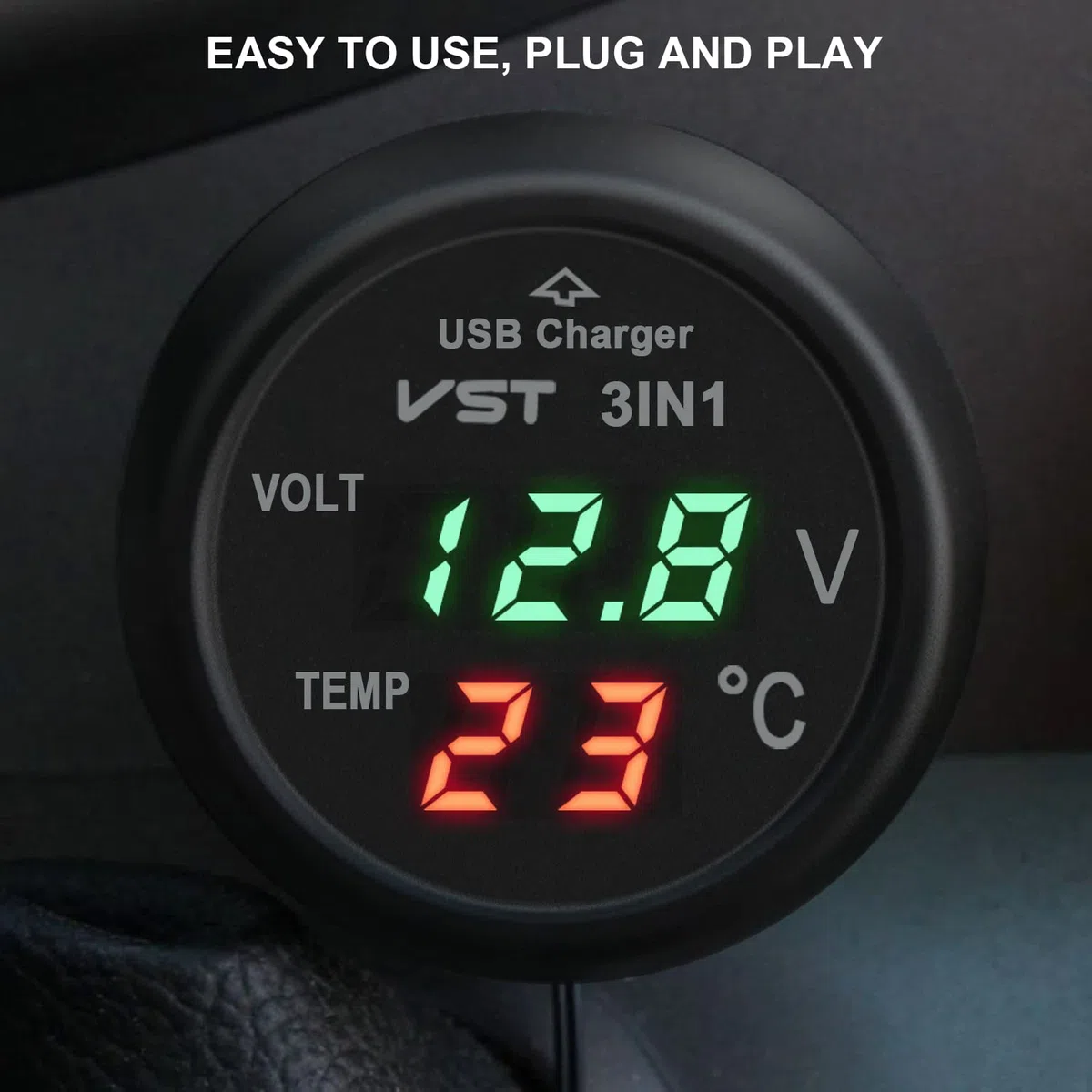 YGL 3 en 1 cargador USB de coche, moto de coche, impermeable, voltímetro LED/cargador/termómetro 12 V-24 V