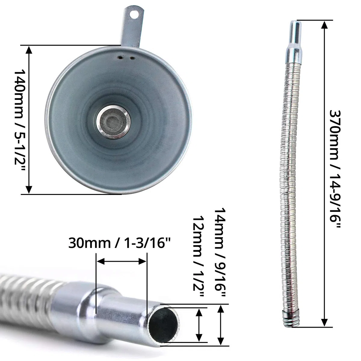 QWORK - Embudo con Manguera de Acero de 5.5'' / 140mm con Filtro para Todos los aceites, Agua, Combustible diésel y Otros líquidos, longitud 370mm