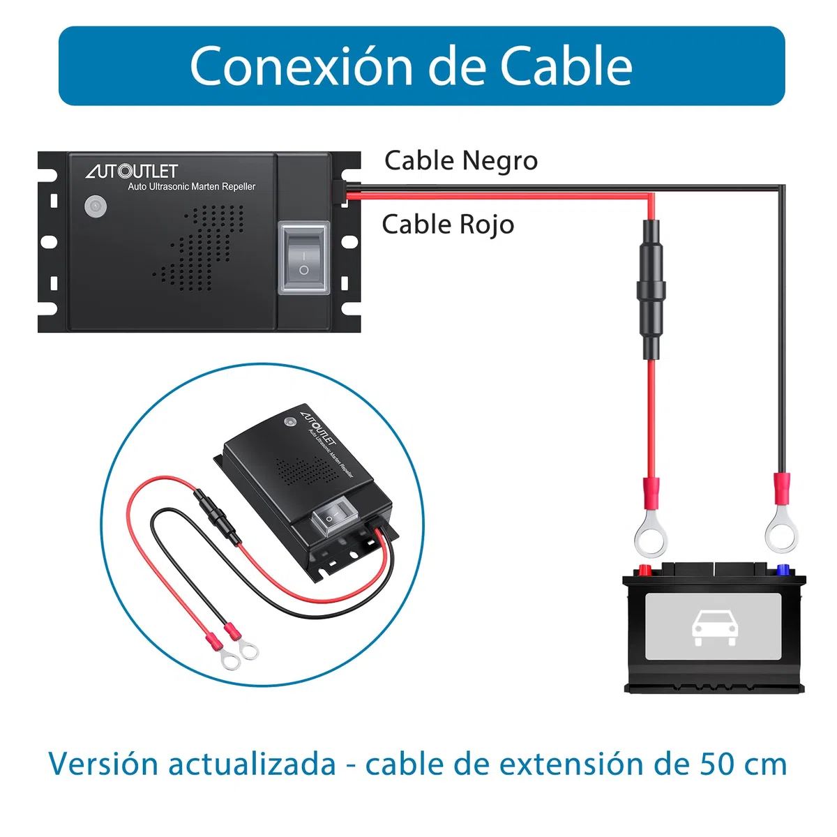 AUTOUTLET Repelente de Ratas Ultrasonico Coche, DC 12V, Sonidos Ultrasónicos Marten Defense Marten Protección Accesorios para Vehículos con Luces Indicadoras de Trabajo, Línea de Extensión 50cm
