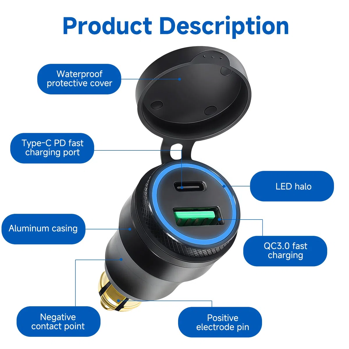 Cargador USB Moto Impermeable 30W 5A QC 3.0 Enchufe Mechero 12V Adaptador Rápida con LED Azul para BMW Motorrad Ducati Triumph Z900