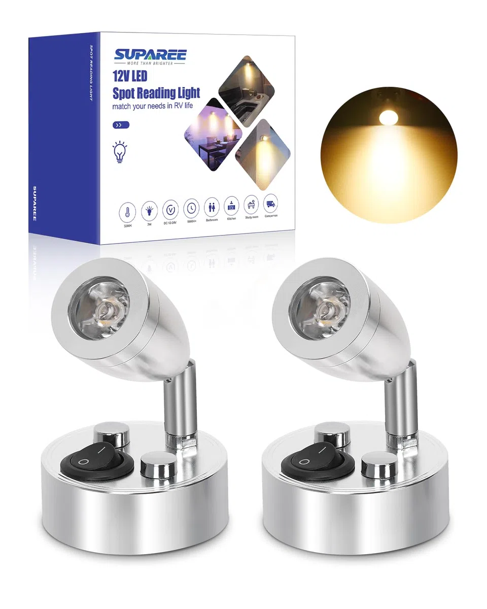 SUPAREE - Luz LED de Lectura de 12V, Interruptor Ajustable, Luz Cálida para Caravana, Barco, Luz Interior LED (2 Unidades) (A-ON/OFF Switch)