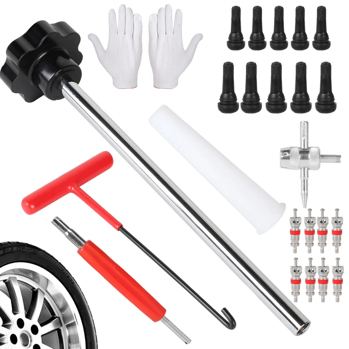 DBREAKS Juego de 24 Herramientas para Válvula de Neumático, Válvula de Goma TR413 TR414, Extractor de Válvulas, Llave de Gancho, Herramienta Auxiliar, Kit de Reparación para Coche, Moto, Bicicleta