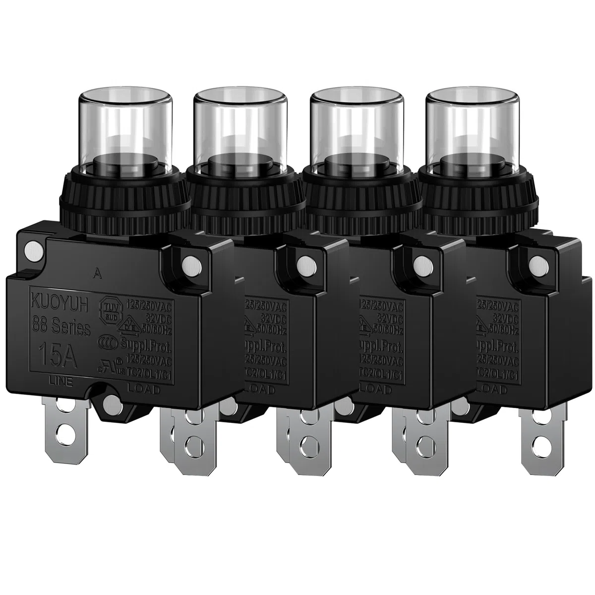 Disyuntor de 15 A con protección térmica contra sobrecarga 88 Series Manual Push Button Reset con terminales de conexión rápida y tapa de tecla impermeable 32 V CC o 125/250 V CA, 4 unidades