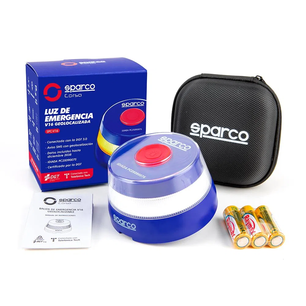 Sparco Luz Emergencia Coche V16 Homologada DGT 3.0 con Geolocalización, SIM y Datos Incluidos hasta 2038 + Estuche de Regalo, Baliza Obligatoria Enero 2026, App incluida (Plástico ABS)