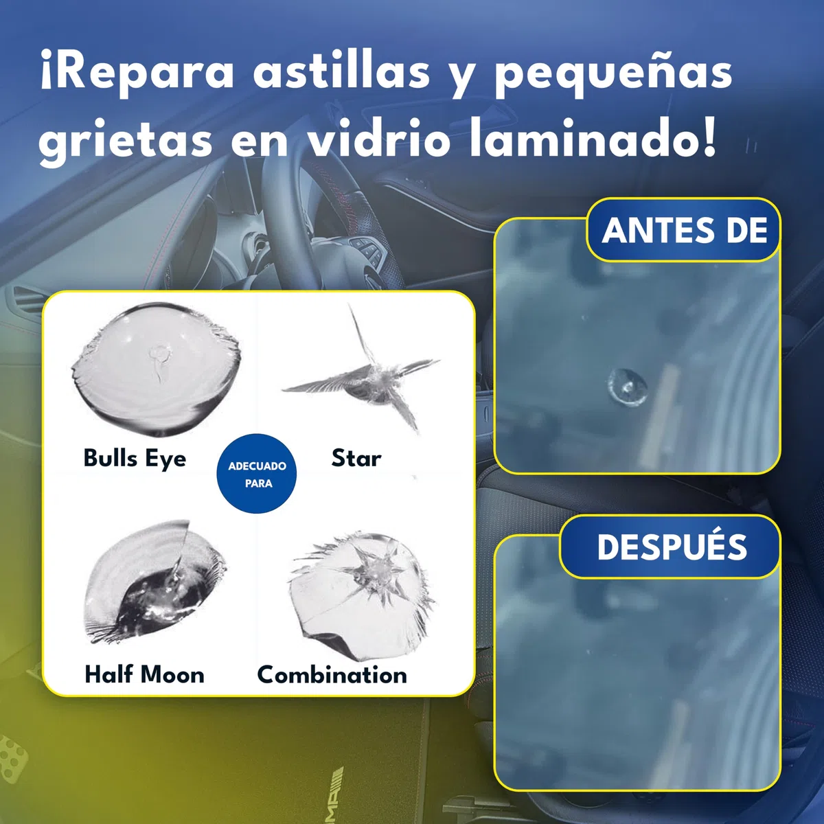 ATG® Kit de reparación de Parabrisas de Coche con lámpara UV - Kit de reparación de Parabrisas de Coche - Reparador Cristal Coche - Liquido reparador de Cristales Coche Reparación del Parabrisas