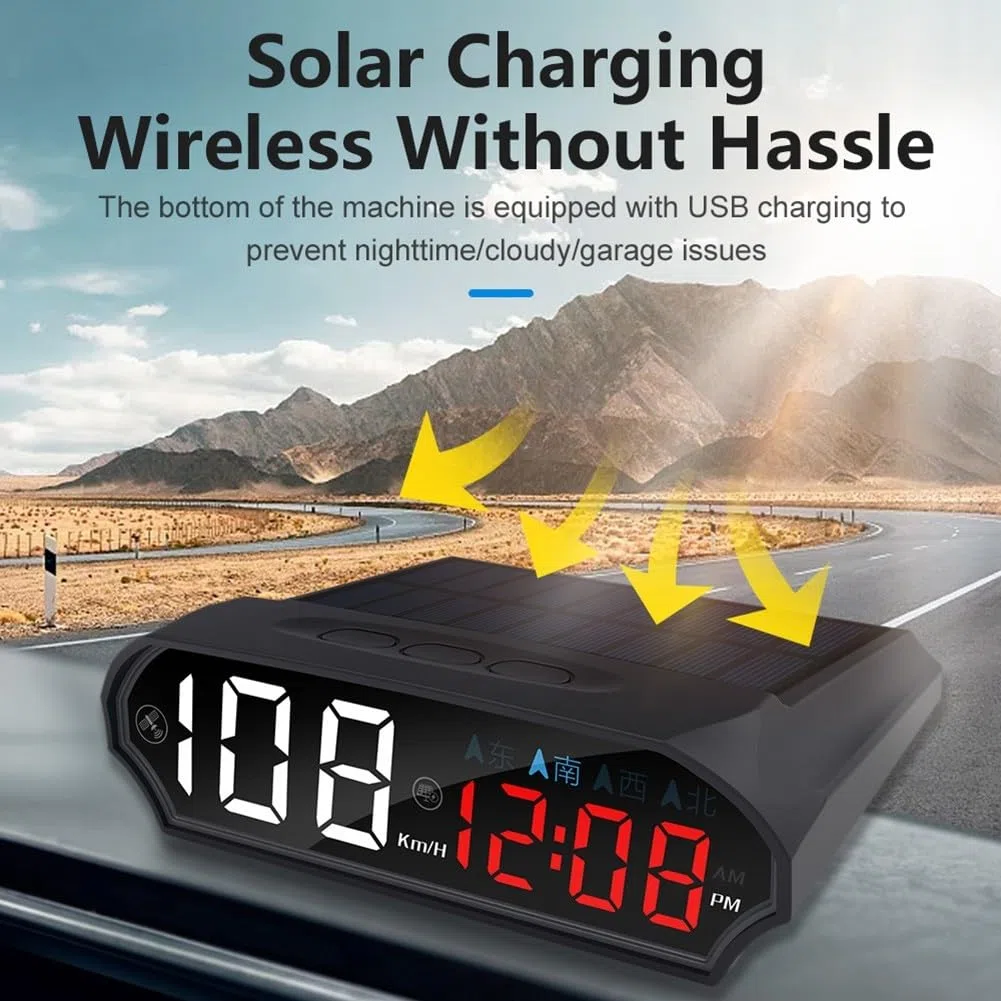 Coche solar HUD con velocímetro GPS y brújula, pantalla LED multicolor inteligente de detección de luz para salpicadero de vehículo