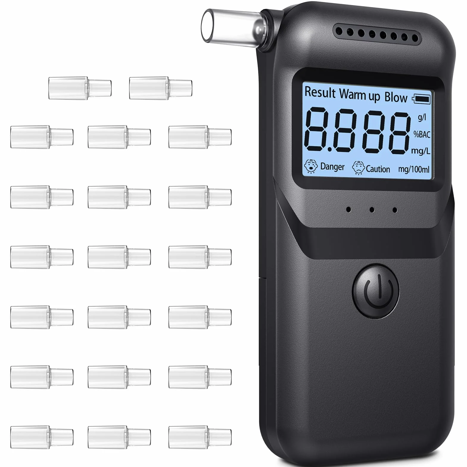 FIVAVA Alcoholimetro Digital Homologado, Alcoholímetro Alcohol Test | Precisión ±0,01% | Portátil LCD Digital | 20 Boquillas Reutilizables | Test Alcoholemia Uso Doméstico/Profesional