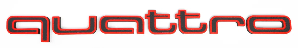 Inscripción QUATTRO compatible con Audi, accesorio emblema negro con bordes rojos, instalación con abrazaderas, logotipo tuning