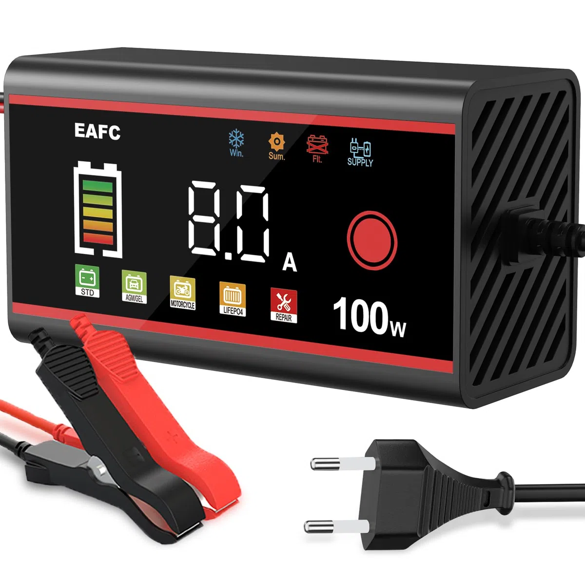 12V Cargador de Batería de Coche, 8A Cargador Baterias Coche, Pantalla de Color, Mantenedor Bateria Moto para Coche, Camión, AGM, Gel, EFB, Lifepo4