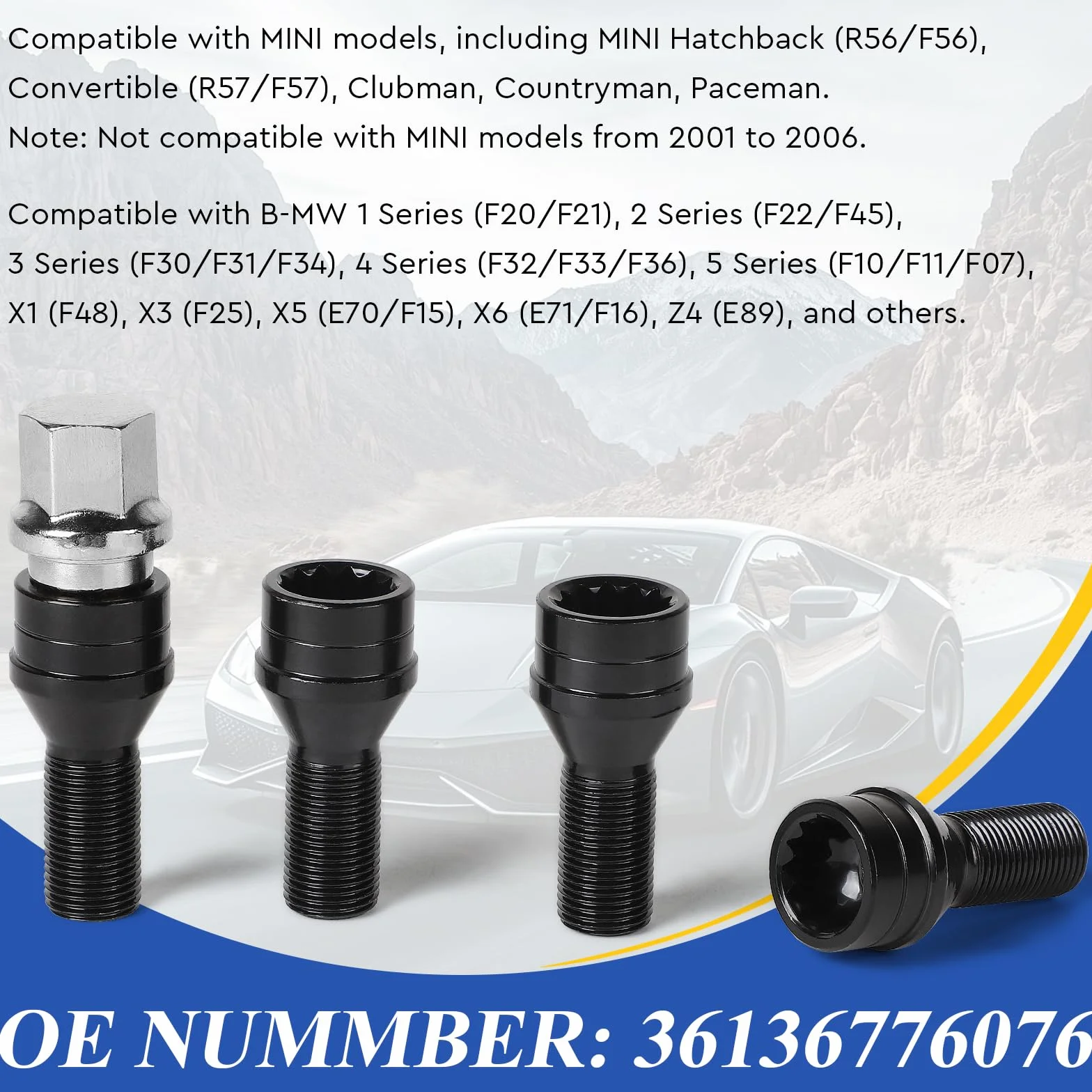 EFUTURETIME 4 x Tornillos Antirrobo Coche M14 x 1,25 mm, Tornillos de Rueda con una Tuerca de Seguridad Compatible con B-M-W y Mini (OE: 36136776076)