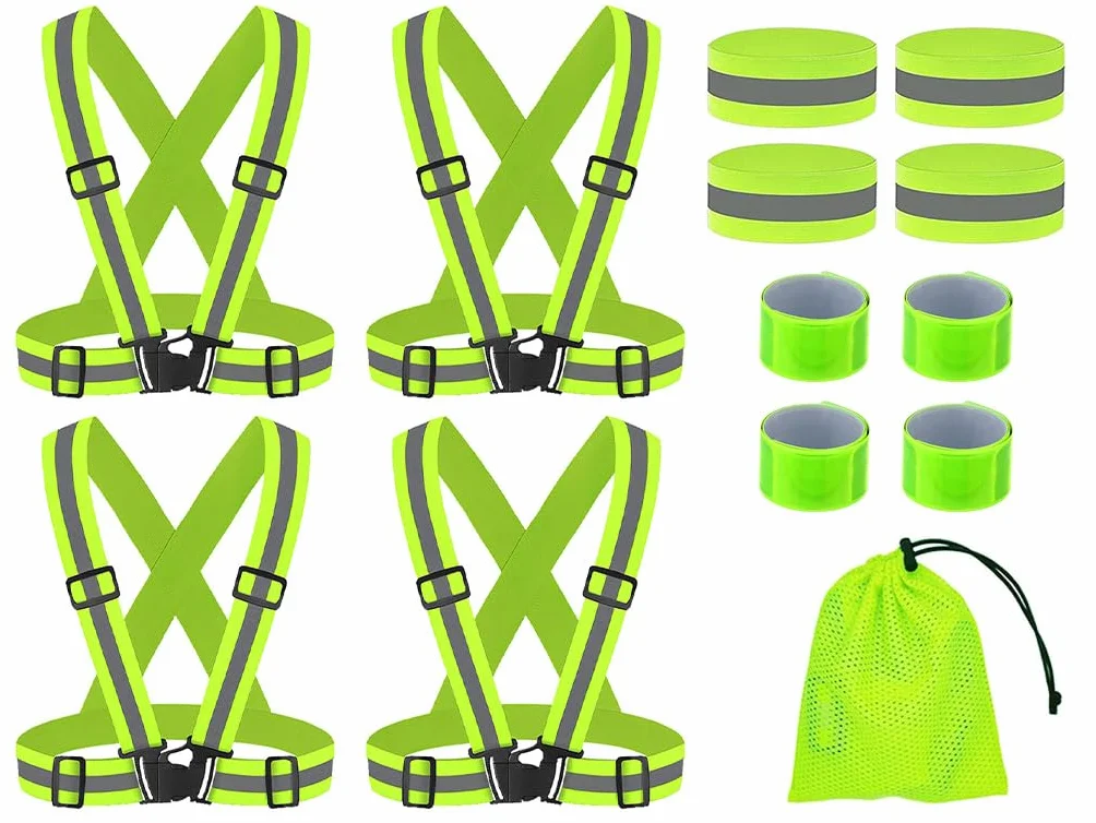 4PCS Seguridad Chaleco Reflectante Moto+4PCS Bandas Reflectoras+4PCS Brazalete Reflectante, Ajustable Visibilidad Alta Chaleco Reflectantes con Bolsa, para Correr,Senderismo,Ciclismo,Carreras