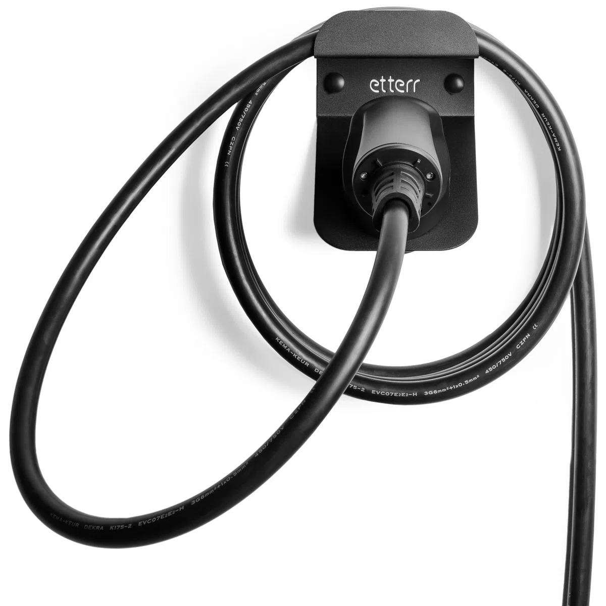 Soporte de Cargador Coche eléctrico. Base, Gancho de Pared, Manguera, Cargador baterias Coche eléctrico, EV, Organizador Cables, Accesorios Coche, Accesorios Moto. (Negro)