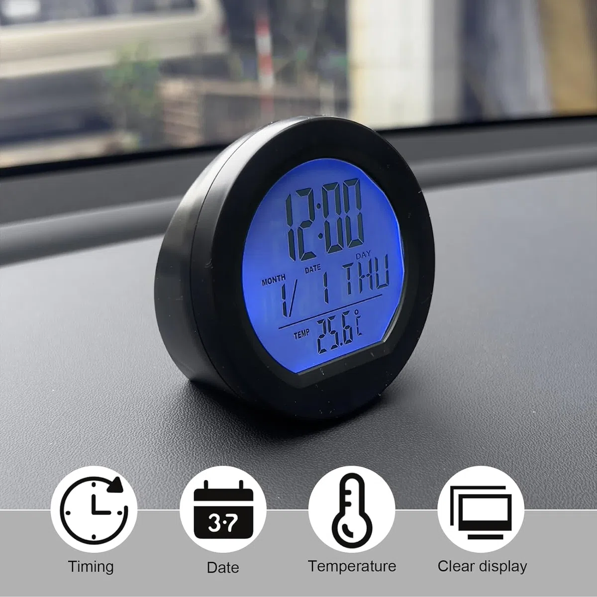 Digital Reloj Termómetro Para Coche, Reloj Digital Para Salpicadero De Coche Con Termómetro Y Calendario, Energía Solar Redondo Reloj Pantalla Tiempo/Fecha/Temperatura Para Coches Universales