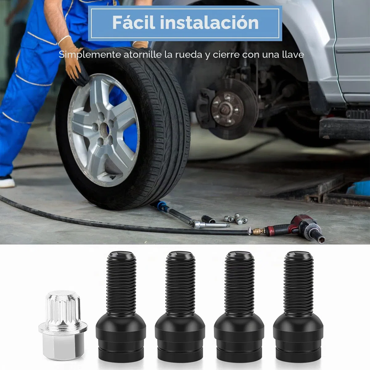 Tuerca Antirrobo de Rueda de Coche, Perno de Acero Negro, M14 x 1.5mm, Conjunto de Seguridad Bloqueable
