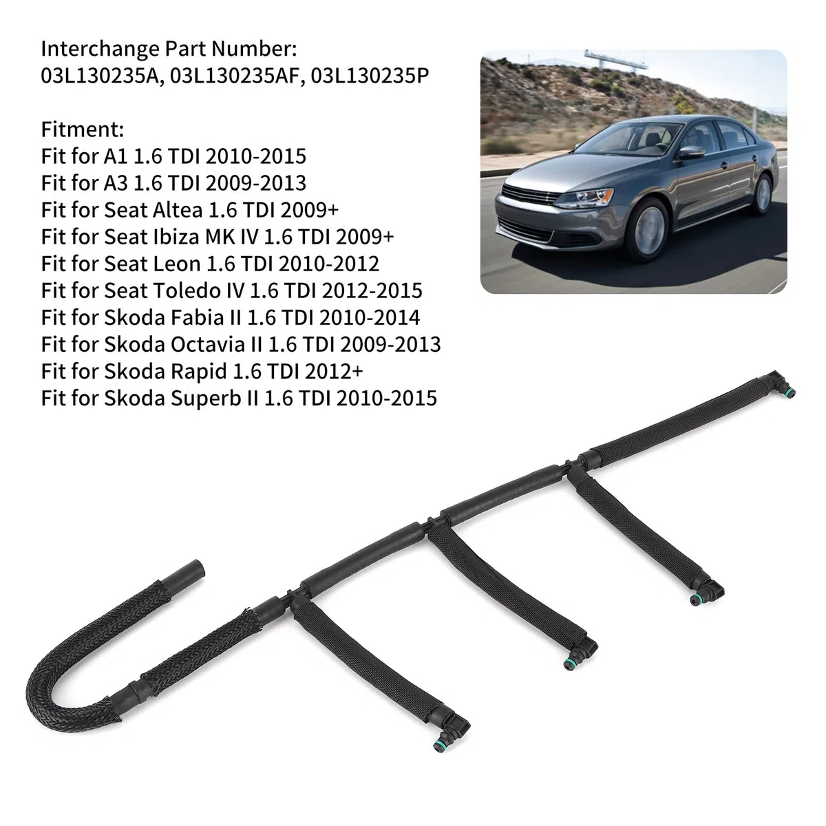 Tubo de Retorno de Combustible 03L130235AF, Reemplazo Compatible con Audi A1 1.6 TDI 2010-2015, Línea de Rebose con Junta de Caucho