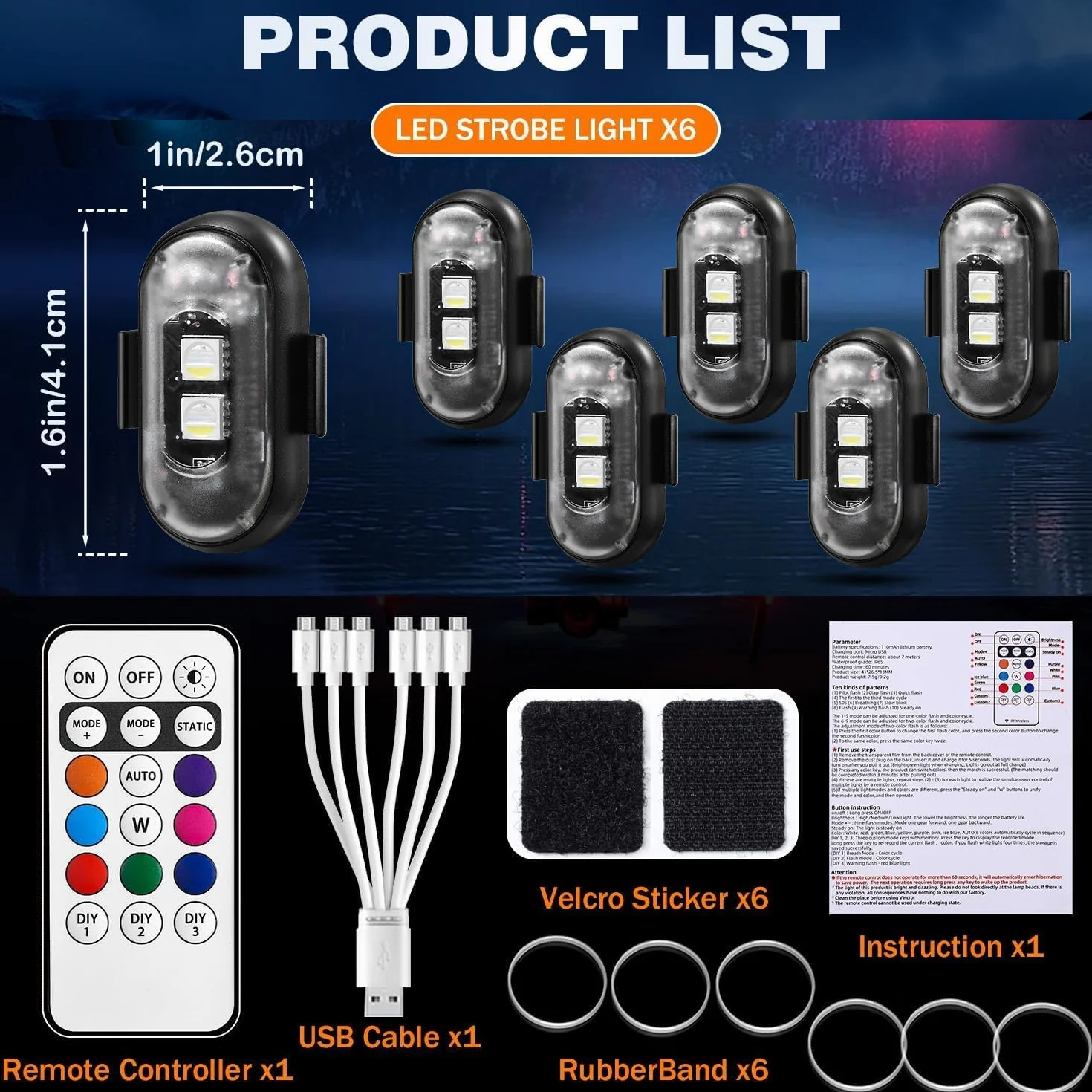 Pavlleen 6 luces LED estroboscópicas para coche, 8 colores, impermeables, anticolisión, con control remoto, luz estroboscópica para dron, carga USB, para dron, camión, motocicleta y bicicleta