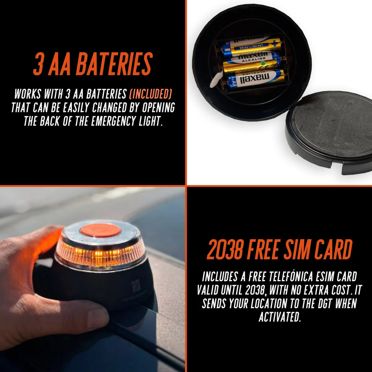 MAGIC SELECT Luz Emergencia V16 Homologada DGT con Geolocalización para Señalización en Carretera de Coche y Moto. Luz Naranja Intermitente 360º, Base Imantada, 3 Pilas AA Incluidas (1UD)
