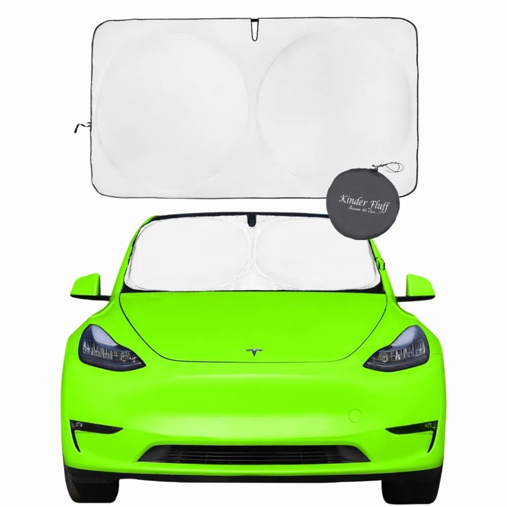 Parasol para Parabrisas Patentado Kinder Fluff para Tesla Model 3/Y | Parasol Coche Protección Solar 99% UVR | Interior Fresco | Visera Plegable | Accesorios Auto Verano | Protector Solar 142x95 cm