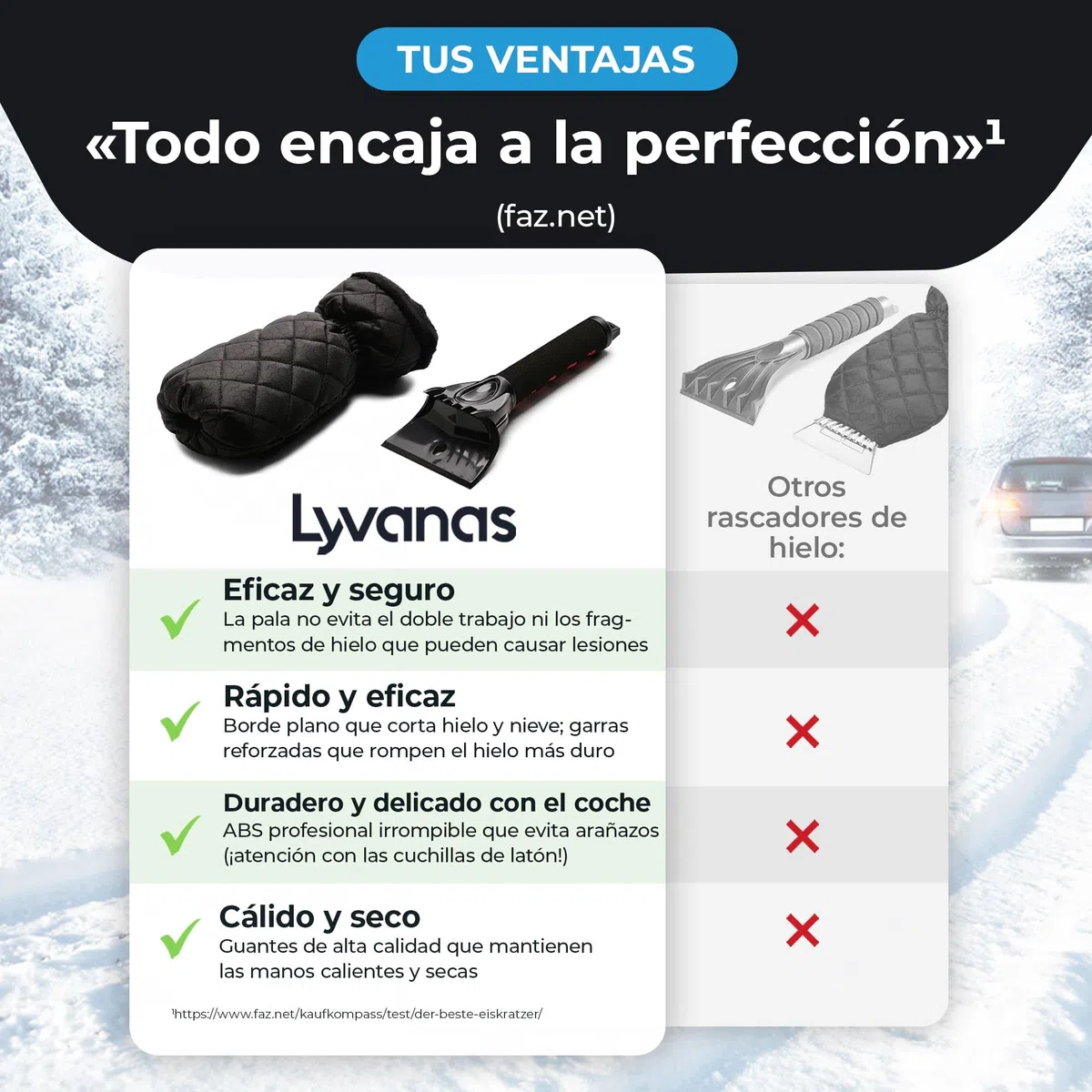 LYVANAS rascador Hielo Coche con Guante - Raspador Profesional ergonómico para Parabrisas – Alta eficacia con máxima Comodidad – Manos secas y Calientes – Eficaz y Seguro – Ice Scraper
