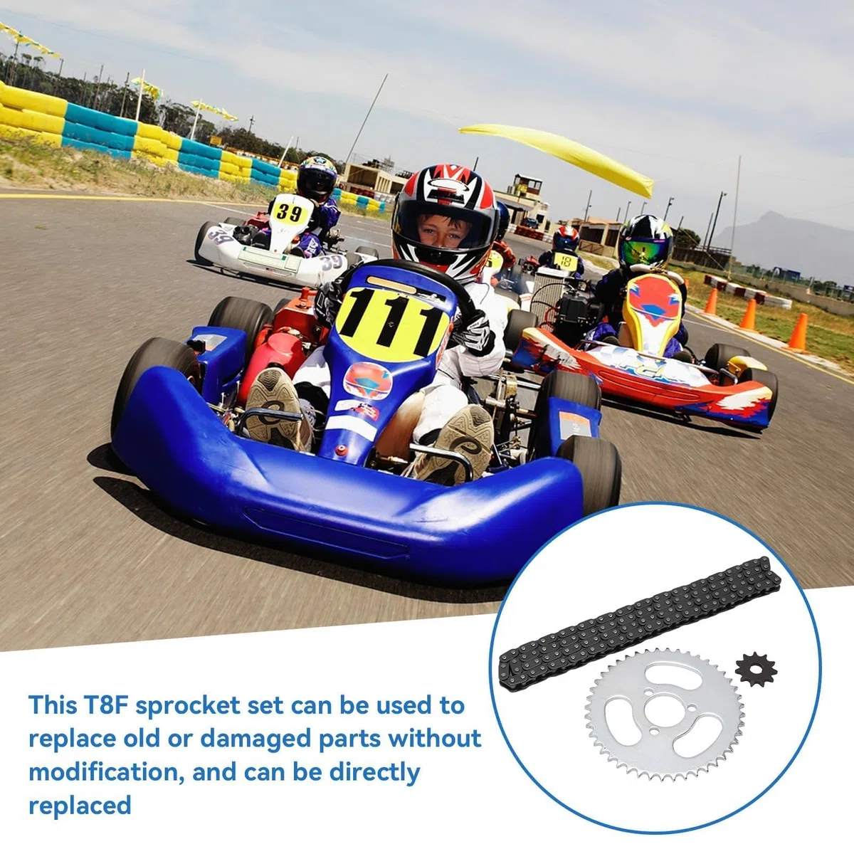 Piñón Delantero Y Trasero De Acero T8F, Piñón delantero y trasero kit piñones T8F acero transmisión kart Juego Cadena Engranajes Alta Potencia De Repuesto Para Karts Modificados ATV Mini Motocicletas