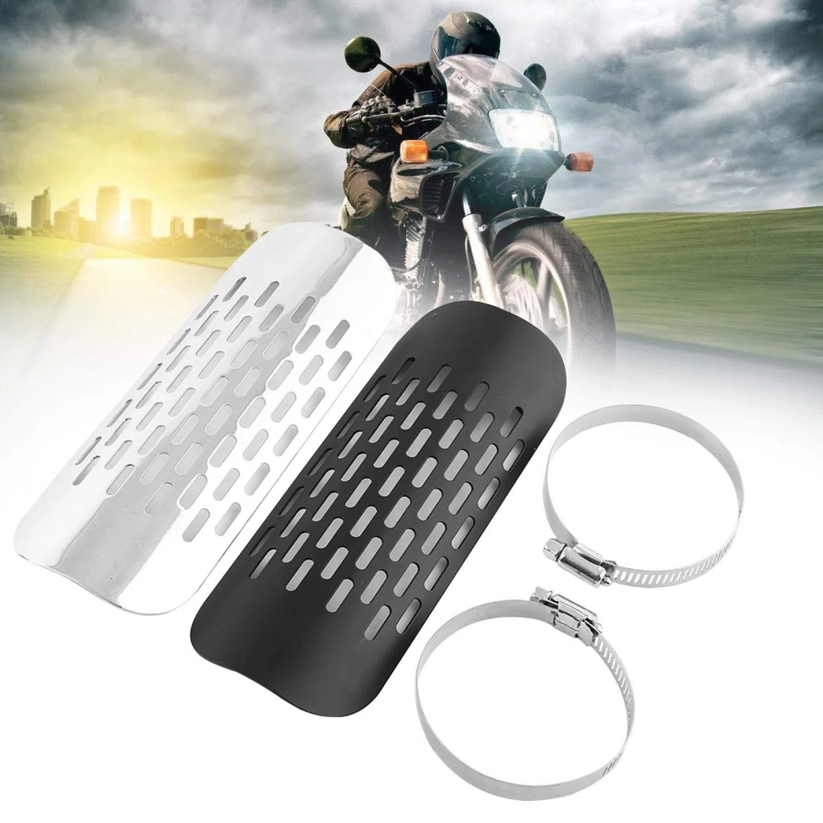 Escape de motocicleta, Yosoo Silenciador Protector de Calor Universal con 2 Abrazaderas de Montaje Ajustables(Negro) escudo térmico de escape protector escape dr