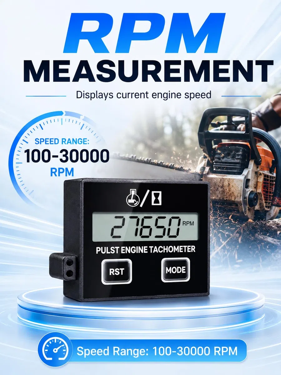 VOBOR Tacómetro Digital Inductivo Pequeño, Tacómetro de Motosierra Impermeable con Contador de Horas, para Motosierras, Cortadoras de Césped y Motocicletas