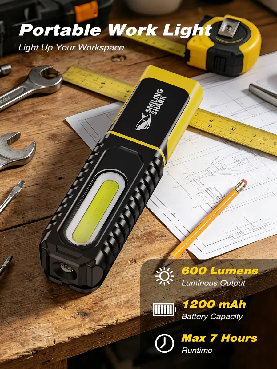 Smiling Shark Linterna de Trabajo, LED Lámparas de Inspección 1200mAh Recargable con Gancho y Clip 5 Modos de Luz Portátil Luz de Trabajo Magnética para Reparación Garajes Taller (Paquete de 1)